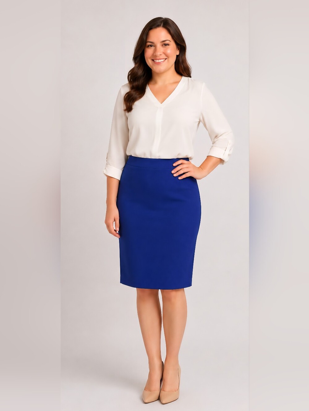 Bisou Bisou Michele Bohbot Blue Pencil Skirt Elastic Waist Size L Career Midi